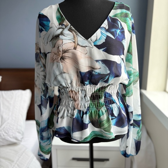 White House Black Market Tops - WHBM Floral V-Neck Smocked Waist Long Sleeve Blouse with Peplum